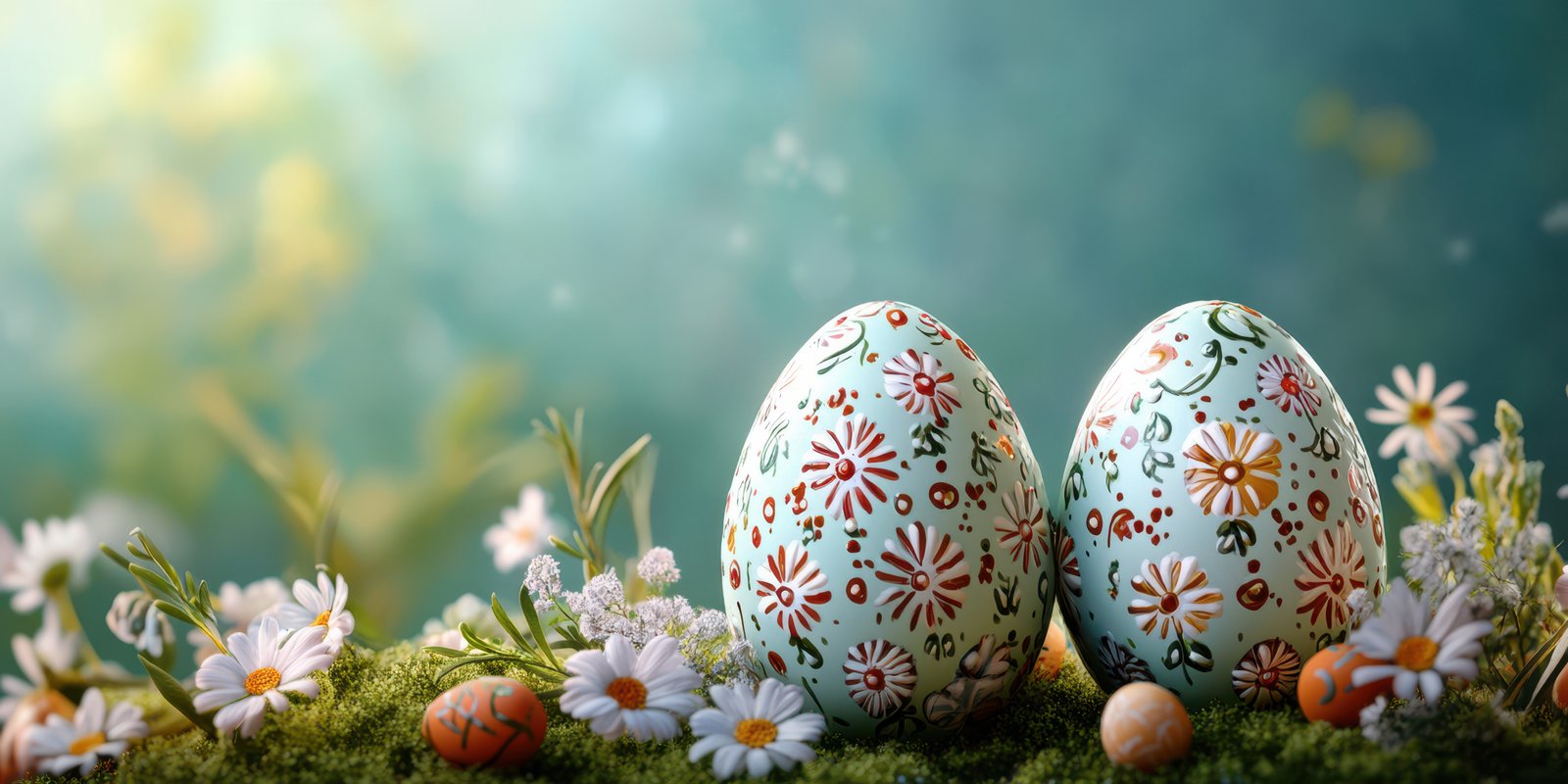 Decorative Easter eggs nestled among spring flowers in a peaceful garden setting during daylight hours